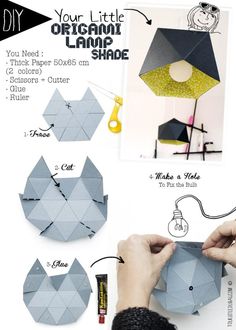 an origami lamp shade is shown with instructions to make it out of paper