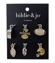 six charms with football charms on the front and back of each one in different colors