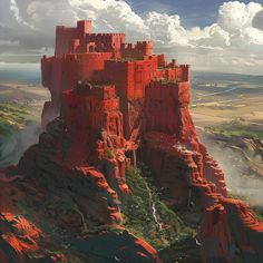 an artist's rendering of a castle perched on top of a rock formation in the desert