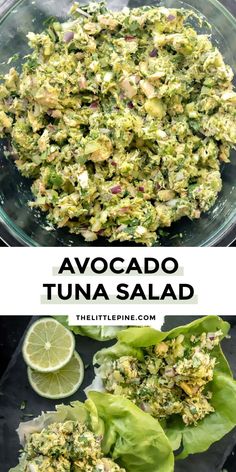 avocado tuna salad in a glass bowl with lettuce and limes