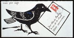 a drawing of a bird holding a piece of paper in its beak with the words mail pas sae on it