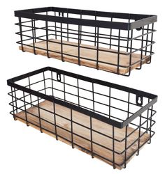 two black metal baskets with wooden trays