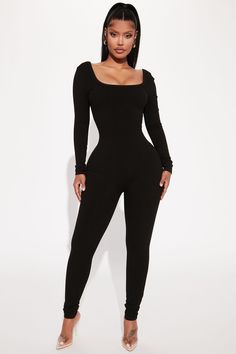 Available In Plum, Black, And Cream. Jumpsuit Square Neck Long Sleeve Legging Low Back Stretch Compression Rib 82% Rayon 18% Spandex Imported | Hailey Snatched Jumpsuit in Black size Large by Fashion Nova Black Long Sleeve Jumpsuit Outfit, Cream Jumpsuit, Chic Romper, Chocolate Fashion, Tight Dress Outfit, Square Neck Long Sleeve, Black Overalls, Full Body Suit, Black And Cream