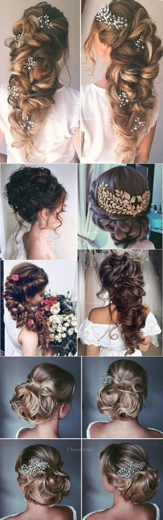 many different pictures of the same woman's hair and make up for her wedding day