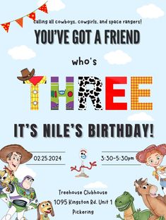 a birthday party flyer with cartoon characters on it