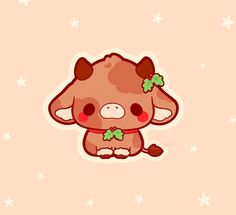 a brown cow with green leaves on it's head sitting in front of a pink background