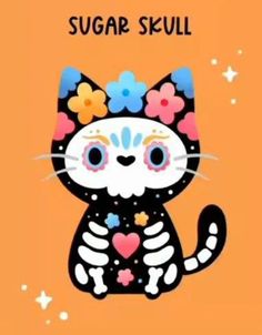 a cat with flowers on it's head sitting in front of an orange background