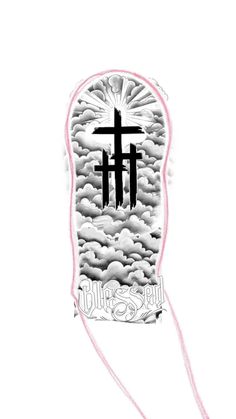 the cross is surrounded by clouds and pink thread