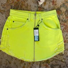 Jean Zip Up Neon Green Mini Skirt Brand New With Tags Trendy High Waist Yellow Skirt, Trendy High-waist Yellow Skirt, Casual Yellow Mini Skirt For Spring, High Waist Yellow Skirt For Spring, Yellow High-waist Skirt For Spring, Casual High Waist Yellow Mini Skirt, Casual Yellow High Waist Mini Skirt, Casual Yellow High-waist Mini Skirt, Yellow Mini Skirt With Pockets