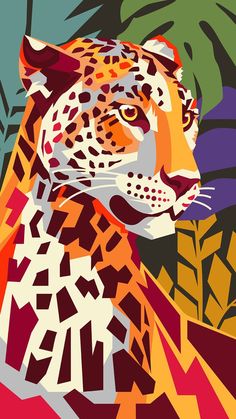 an abstract painting of a leopard surrounded by tropical plants and leaves, in shades of red, orange, yellow, green