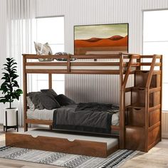 the bunk bed is made up and ready for someone to use it in their home