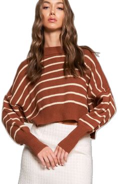 Knit Striped Sweater, Mock Neckline, Ribbed Knit Sweater, Sweaters Crewneck, On Repeat, Striped Sweater, Crewneck Sweater, Layering Pieces, Cropped Sweater