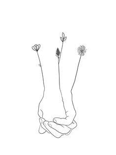 a drawing of two hands holding flowers in one hand and the other with their fingers