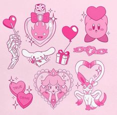 some pink stickers are on a white sheet with hearts and other things in the background