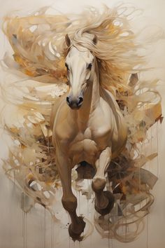 a painting of a white horse running with its hair blowing in the wind