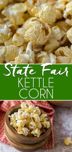 the state fair kettle corn is ready to be eaten and put in a wooden bowl