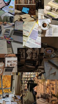 a collage of photos with books, papers and laptops