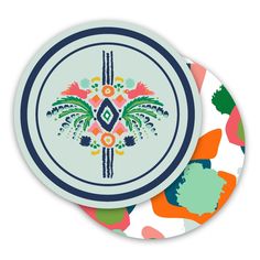 Introducing the Multi Spot Cheetah Round Paper Coasters set: two striking circular coasters, featuring a vibrant floral design on one and dynamic green, orange, and pink abstract splashes on a crisp white backdrop on the other. Ideal for enhancing your home décor with a splash of color. Paper Coasters, Paper Coaster, Decorative Plates, Coasters