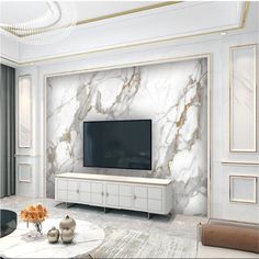 a living room with marble walls and white furniture in front of a flat screen tv