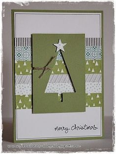 a christmas card with a green and white tree on the front, and a star in the middle