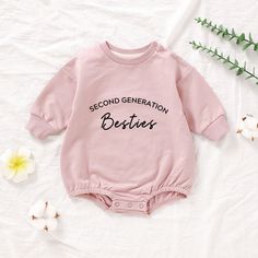 👼Pick a soft and comfortable second generation bestie romper for your little one! 💕We offer many colors: brown, white, light mauve, green, natural and white 💕The fabric of the clothing is cotton, very skin-friendly, and excellently crafted. ✔️ Ordering Instructions 1 - Please refer to the size chart images provided in the listing for details on available sizes, styles, and colors. 2 - Choose your desired shirt color from the dropdown menu below. Casual Onesie With Letter Print For Loungewear, Cute Cotton Onesie For Birthday, Cotton Cute Onesie For Birthday, Pink Letter Print Onesie For Gender Reveal, Cute Cotton Onesie For Mother's Day, Cute Pink Onesie For Mother's Day, Pink Onesie With Letter Print For First Birthday, Casual Long Sleeve Onesie With Letter Print, Playful Pink Onesie With Letter Print