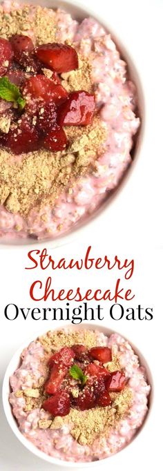 strawberry cheesecake overnight oats in a bowl