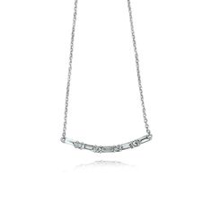 5 Baguette diamonds alternating with 4 round diamonds set in 18kt white gold. 18kt gold 5 baguette diamonds approx. 0.21 ctw 4 round brilliant diamonds approx. 0.07 ctw G/H color, SI clarity 18 inch chain Made to Order. Lead time 4-6 weeks. Platinum Baguette Diamond Necklace, Diamond White Platinum Necklace With Baguette Diamonds, White Gold Diamond Necklace With Baguette Diamonds In Platinum, Platinum Diamond Necklace With Baguette Diamonds, Platinum Diamond White Necklace With Baguette Diamonds, Baguette Diamond Necklace For Anniversary, Classic Silver Diamond Necklace With Baguette Diamonds, Modern White Gold Diamond Necklace With Baguette Diamonds, Silver Diamond Necklace With Baguette Diamonds