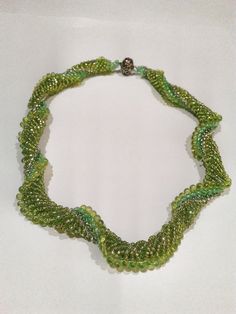 Green and Gold Spiral Beadwork Necklace - Sparkly Lime Green 3D Seed Bead Patterned Bracelet - Bright Green Spiral Rope Tubed Design Seed Bead Bracelet Patterns, Polymer Flowers, Beautiful Chokers, Seed Bead Pattern, Beadwork Necklace, Wine Charms, Gorgeous Bracelet, Wine Gifts, Green Bead