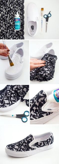 the steps in how to sew a pair of shoes with scissors and glue on them