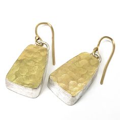 Gold & Silver Earrings - These forged, hammered earrings are fabricated in sterling silver,18K yellow gold, and sterling silver bimetal. 18k gold ear wires. Gold Hammered Sterling Silver Earrings, Hammered Mixed Metal Gold Jewelry, Hammered Gold Mixed Metal Jewelry, Hammered Earrings, Link Earrings, Artful Home, Ear Wires, Precious Metals, Silver Gold