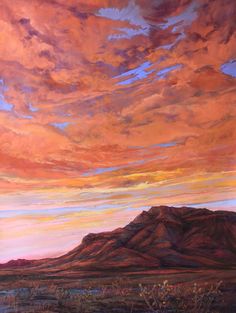 a painting of a sunset over a mountain range