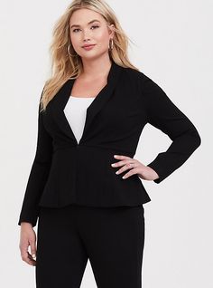 FIT Model is 5'11” wearing size 1. Measures 29” from shoulder (size 2). MATERIALS + CARE Luxe Ponte knit fabric: Our signature work (any) wear fabric with office-approved tailoring, WFH stretch and comfort, and curve-loving hold. Plus, it’s machine washable! Stretch level: Maximum. 68% rayon, 28% nylon, 4% spandex. Machine wash cold. Tumble dry low. Imported. DETAILS Shawl collar. Hook-and-eye closure. Peplum hem. Lined. The best plus size women's peplum blazer - luxe ponte black blazers in deep Work Blazer Outfit, How To Wear Blazers, Blazer Plus Size, Blazer Pattern, Workwear Essentials, Peplum Blazer, Plus Size Blazer, Lace Blazer, Black Peplum