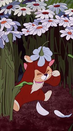 an animated image of a fox in the woods surrounded by daisies and other flowers