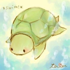 a drawing of a turtle swimming in the water with bubbles on it's back