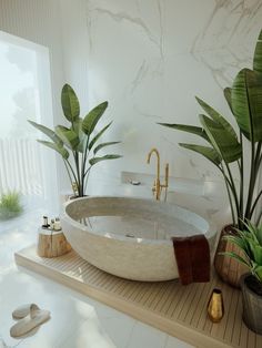 a bathtub with plants in the corner next to it