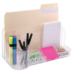 a clear desk organizer holds pens, pencils and other office supplies