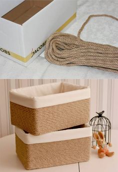 there are two baskets on the table next to each other, one with twine