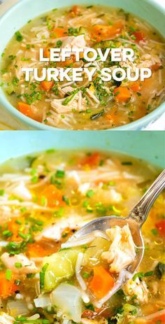 two pictures with different types of soup in them