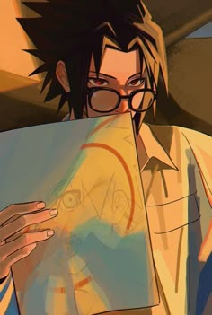 an animated image of a man with glasses holding a piece of paper in his hand