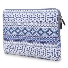 a blue and white clutch bag with an ethnic pattern on the front, zippered closure