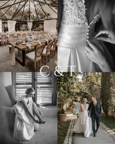 a collage of wedding photos with the words c & t in white and black