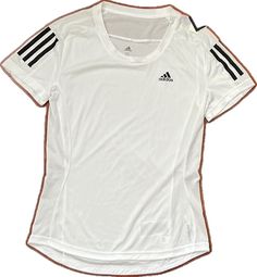 White Short Sleeve Tops With Three Stripes, White Athleisure Top With Three Stripes Branding, White Athleisure Tops With Three Stripes, Adidas White Fitted T-shirt, White Short Sleeve Tops With Three Stripes Branding, Adidas White Athleisure Top, Adidas White Sports Top, Adidas Fitted White T-shirt, White Fitted Adidas T-shirt