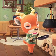 an animal crossing through a kitchen with a frying pan in it's hand