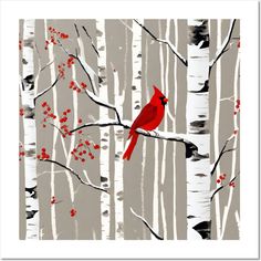 a red bird sitting on top of a tree branch in front of some birch trees