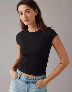 AE Hey Baby Ribbed T-Shirt Baby T Shirt Outfit Women, Basic Ribbed Tops For Streetwear, Basic Ribbed Cropped T-shirt, Basic Ribbed Cropped T-shirt With Crew Neck, Black Ribbed Crew Neck Top, Casual Ribbed Cropped T-shirt, Casual Cropped Ribbed T-shirt, Casual Ribbed Crop Top For Streetwear, Edgy Ribbed Stretch Tops