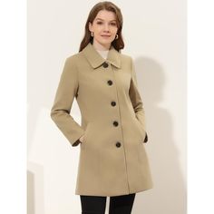 A perfectly polished layer for cooler days, this classic trench coat will keep you looking great and feeling comfortable. Truly a timeless piece that can be worn, loved, passed down - and never go out of style! Button front design allows for easy layering, while front slant pockets provide a spot to store your tiny essentials. Style it with a blouse and slacks for a look that's all business, or pair it with pumps and your favorite dress for a date night out. Classic Khaki Pea Coat For Fall, Elegant Khaki Pea Coat For Work, Elegant Khaki Single Breasted Pea Coat, Elegant Single Breasted Khaki Outerwear, Elegant Button-up Outerwear For Everyday, Classic Solid Pea Coat For Fall, Elegant Long Khaki Pea Coat, Elegant Everyday Button-up Outerwear, Elegant Khaki Collared Outerwear