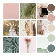 a collage with different shades of green and pink