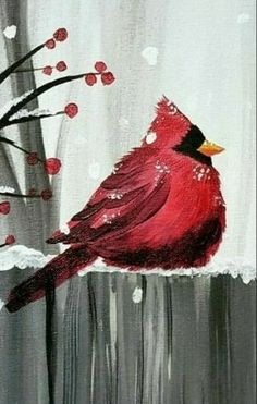 a painting of a red cardinal sitting on a branch in the snow with berries falling from it