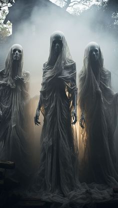 three ghostly figures standing in the fog