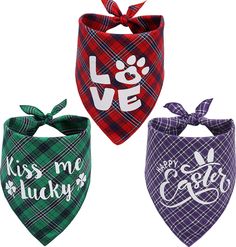 three bandanas that say love and kiss me lucky